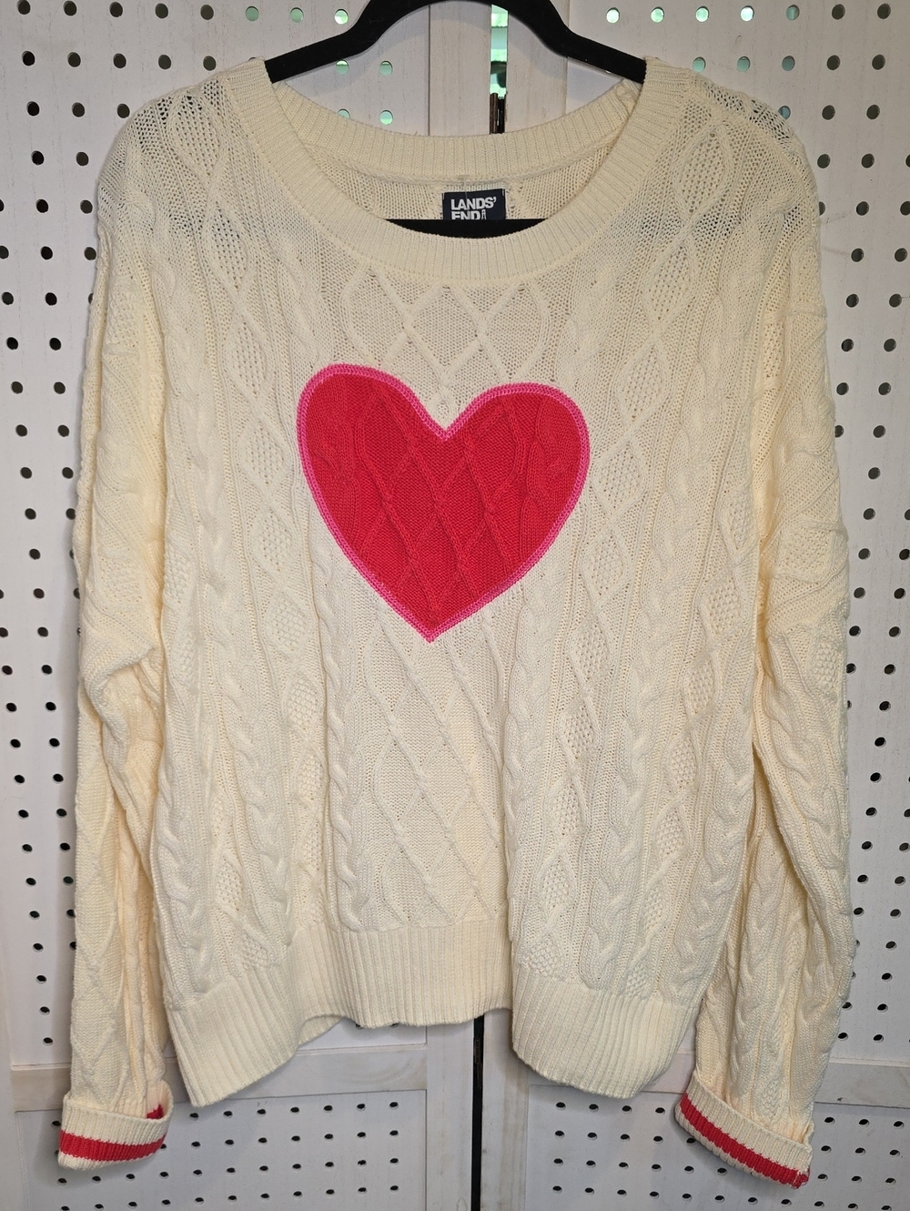 Lands' End Women's Cream Cable Knit Sweater with Pink Heart XL / 18 Drifter